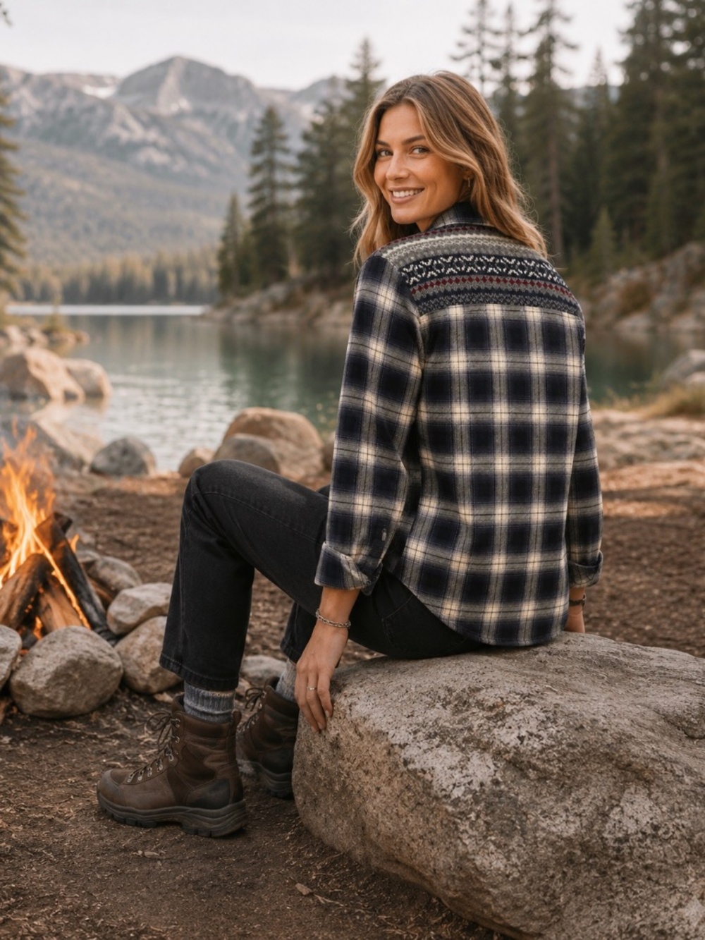 Cozy Cottagecore Boho Fair Isle Plaid Flannel Mixed Media Shirt, Size Medium